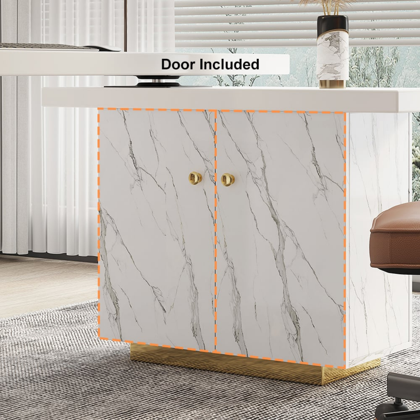 88" Modern White L-Shape Writing Desk with Side Cabinet Wood Office Desk Gold Finish