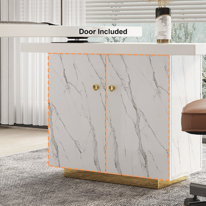 88" Modern White L-Shape Writing Desk with Side Cabinet Wood Office Desk Gold Finish