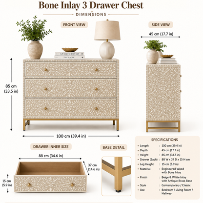Ivory Bloom Bone Inlay 3-Drawer Chest