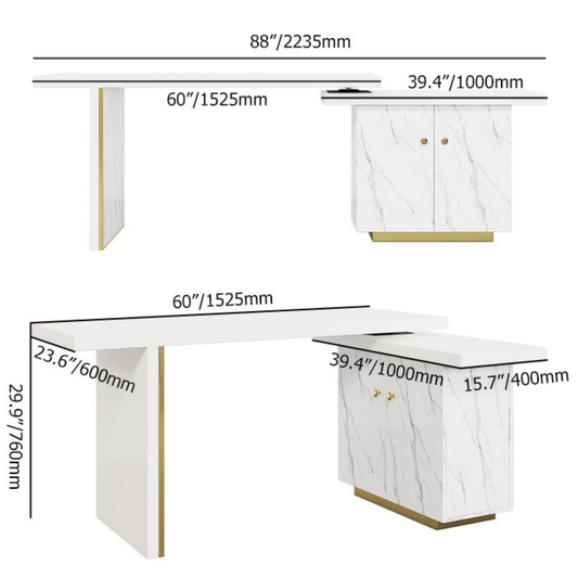 88" Modern White L-Shape Writing Desk with Side Cabinet Wood Office Desk Gold Finish