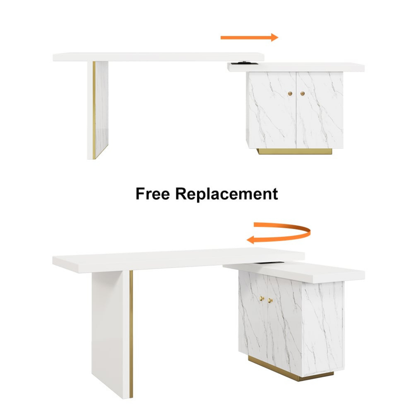 88" Modern White L-Shape Writing Desk with Side Cabinet Wood Office Desk Gold Finish
