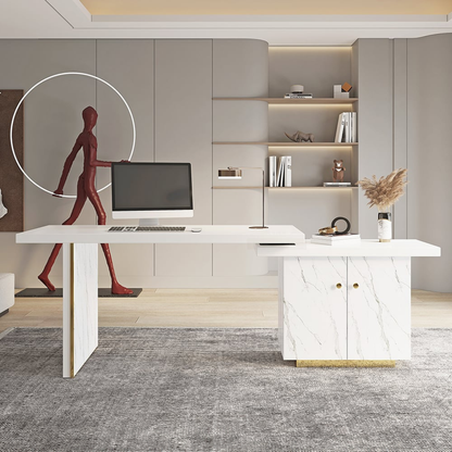88" Modern White L-Shape Writing Desk with Side Cabinet Wood Office Desk Gold Finish