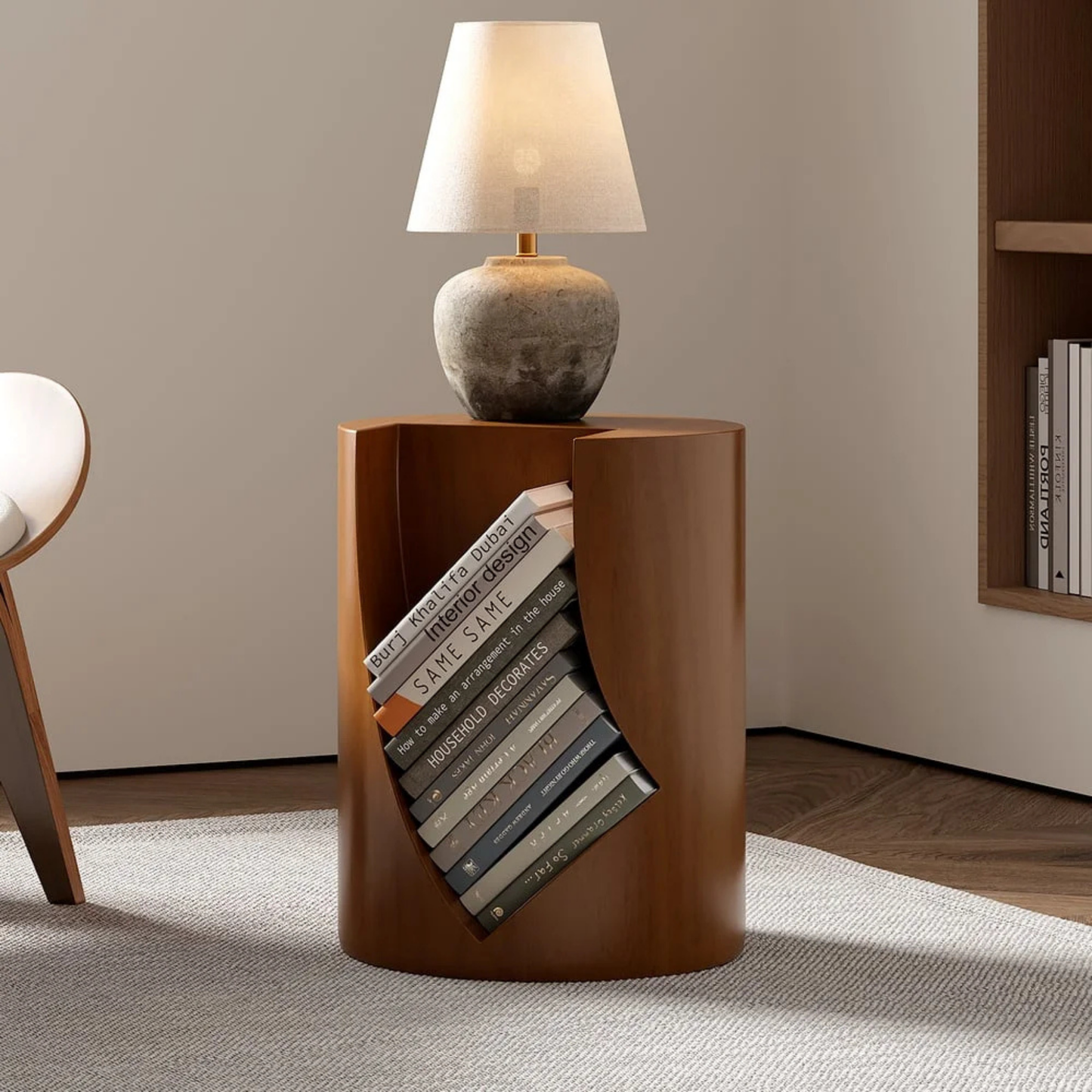 Modern Round Accent Table with Open Book Storage