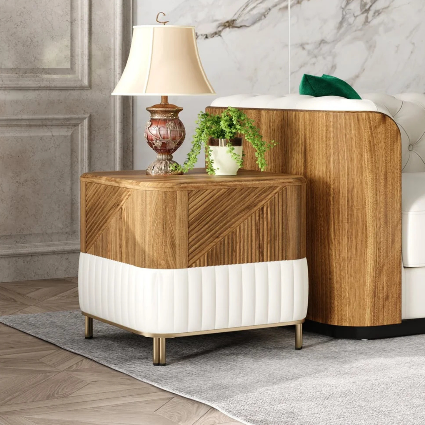 Modern Wood & White Nightstand with Storage Cabinet